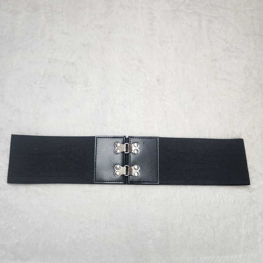 Black Wide Elastic Cinch Waist Belt Silver Interlocking Clasp Whimsigoth Y2K